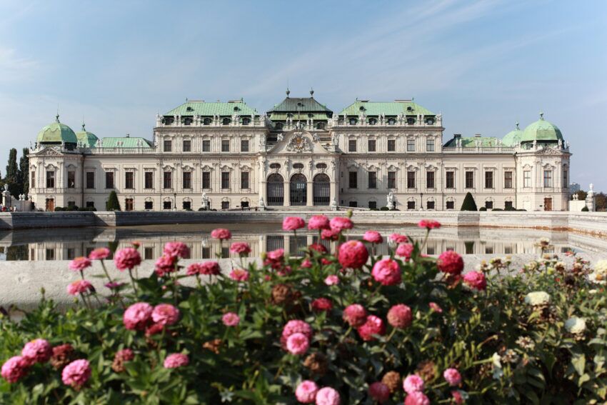Front of the Belvedere Palace with pink flowers in the foreground