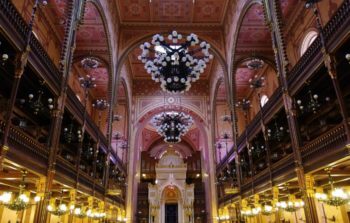 The chandeliers inside the Dohány Street Synagogue.