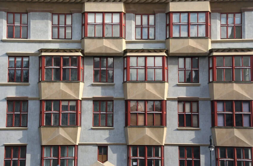 A Cubist apartment building in Prague, Czech Republic, with a close-up on the Cubist elements in the facade