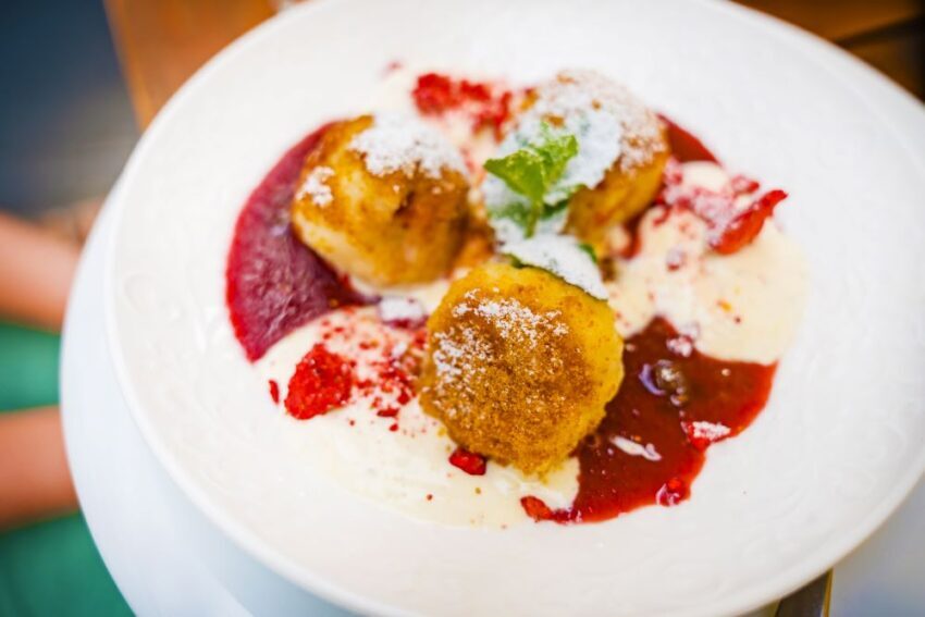 Traditional Czech strawberry dumplings served at a restaurant in Prague, the Czech Republic