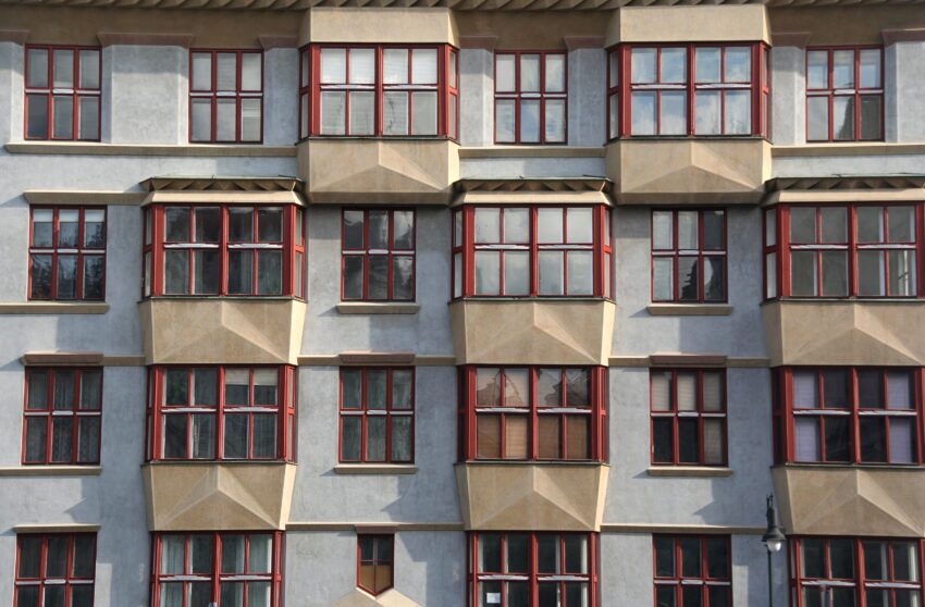 A Cubist apartment building in Prague, Czech Republic, with a close-up on the Cubist elements in the facade